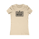 Printify beige fitted tee for women with black Camping Mode logo and heart eco-friendly camping t-shirt for women