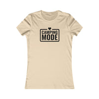 Printify beige fitted tee for women with black Camping Mode logo and heart eco-friendly camping t-shirt for women