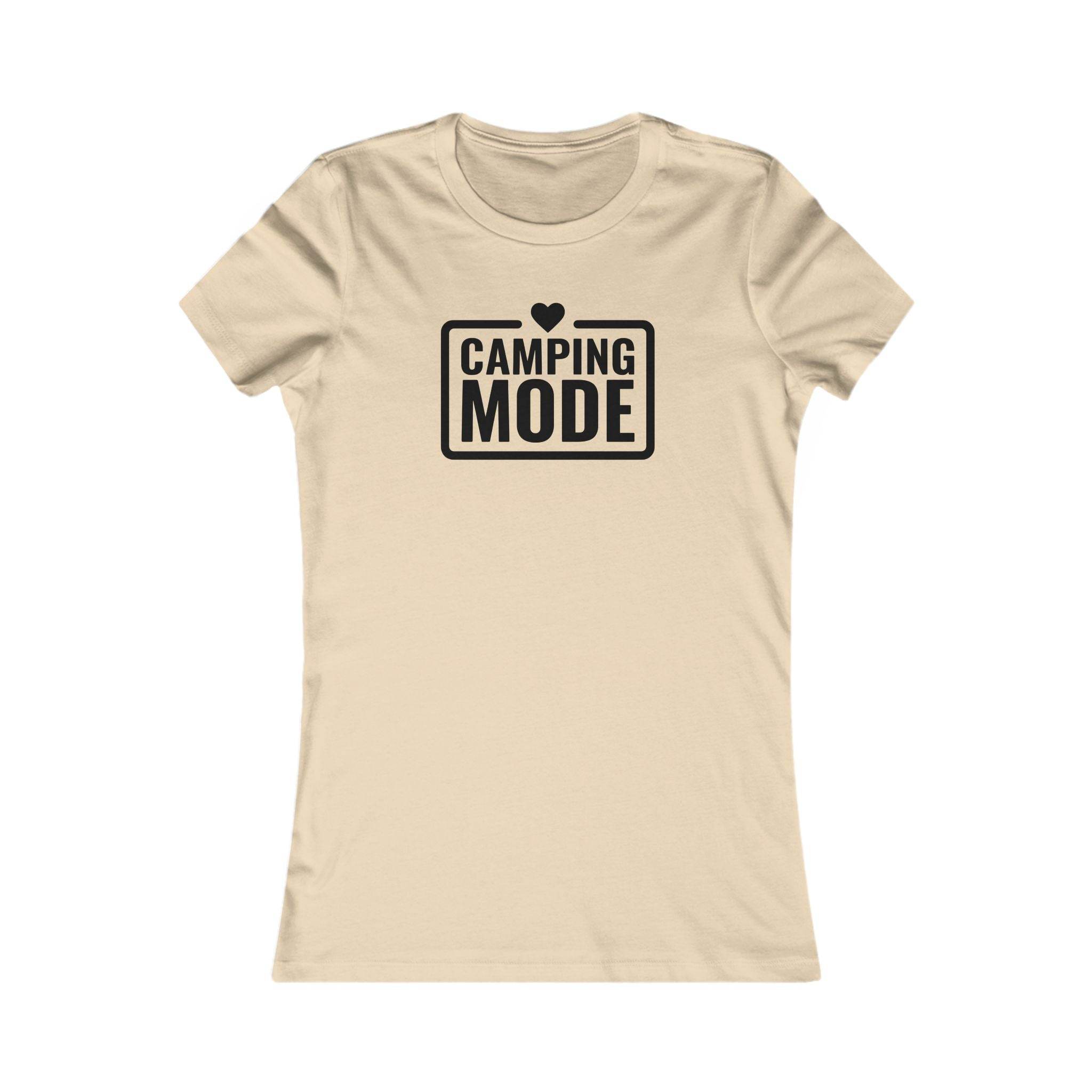Printify beige fitted tee for women with black Camping Mode logo and heart eco-friendly camping t-shirt for women