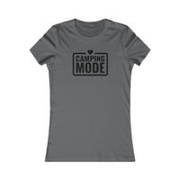 Printify gray fitted crewneck tee with black Camping Mode print and heart eco-friendly camping t-shirt for women