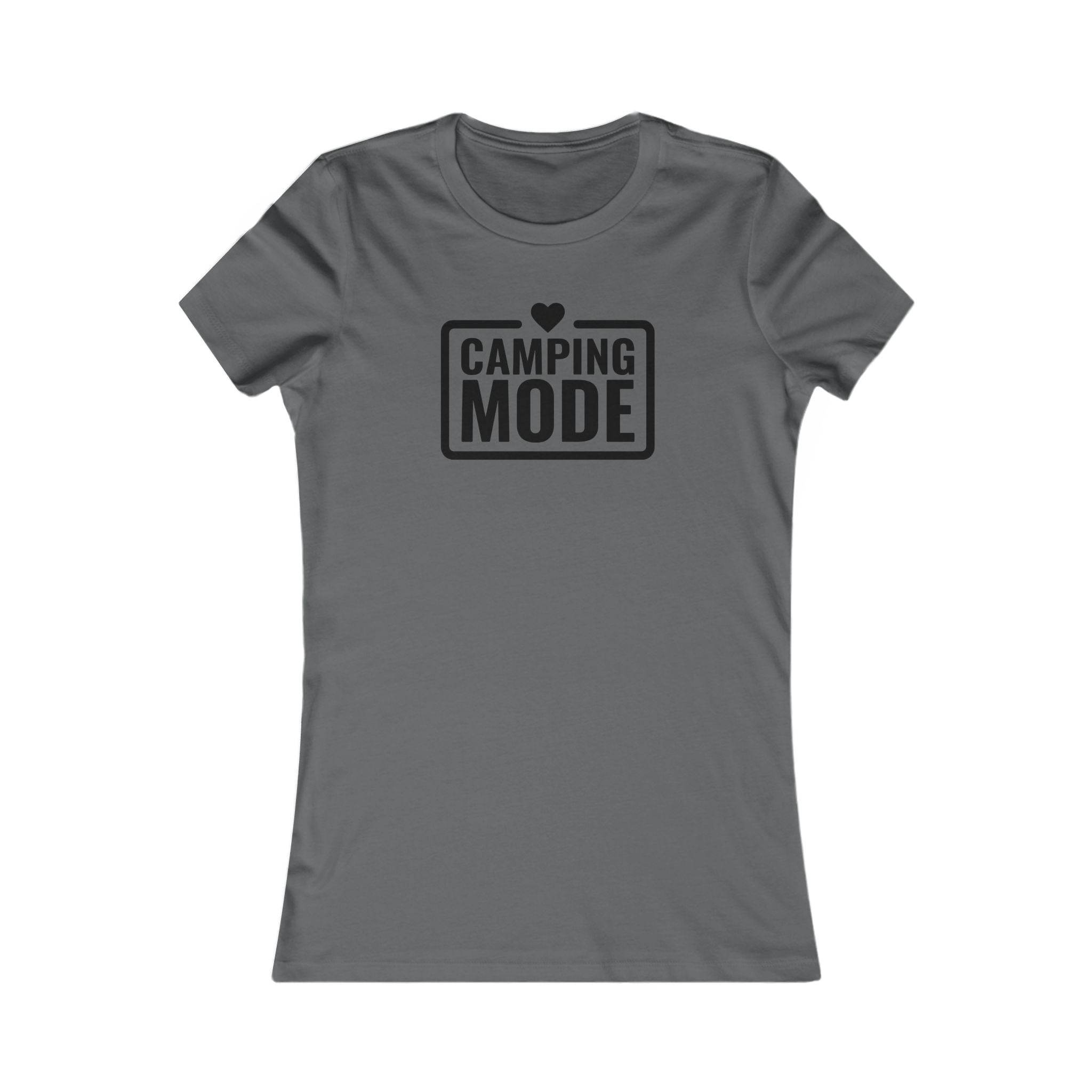 Printify gray fitted crewneck tee with black Camping Mode print and heart eco-friendly camping t-shirt for women