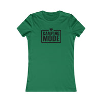 Printify green womens t shirt with CAMPING MODE black print and heart graphic eco-friendly camping t-shirt for women