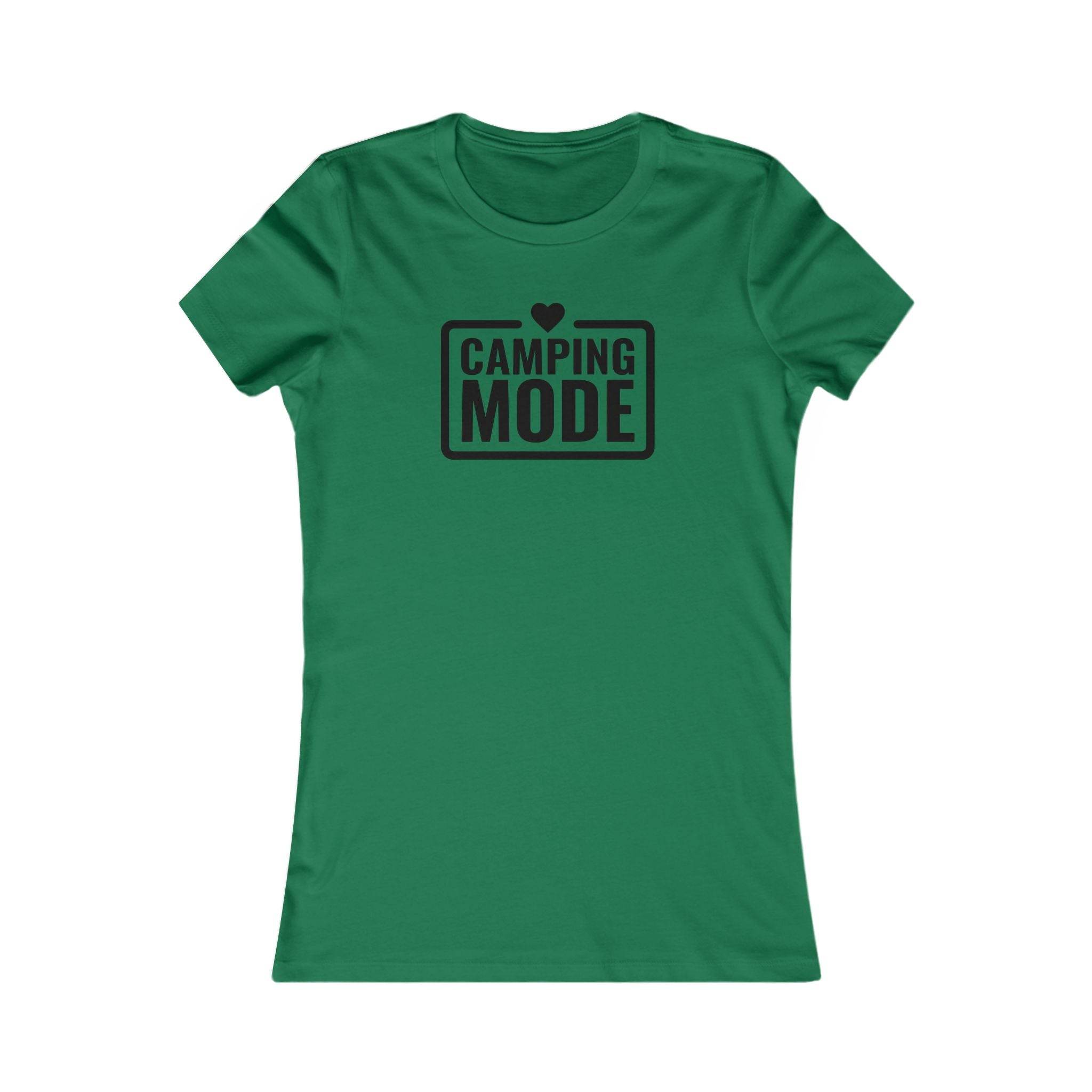 Printify green womens t shirt with CAMPING MODE black print and heart graphic eco-friendly camping t-shirt for women