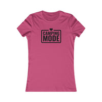 Printify pink fitted short sleeve tee with Camping Mode heart graphic eco-friendly camping t-shirt for women