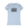 eco-friendly camping t-shirt for women light blue fitted tee with black CAMPING MODE print and heart