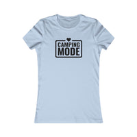 eco-friendly camping t-shirt for women light blue fitted tee with black CAMPING MODE print and heart