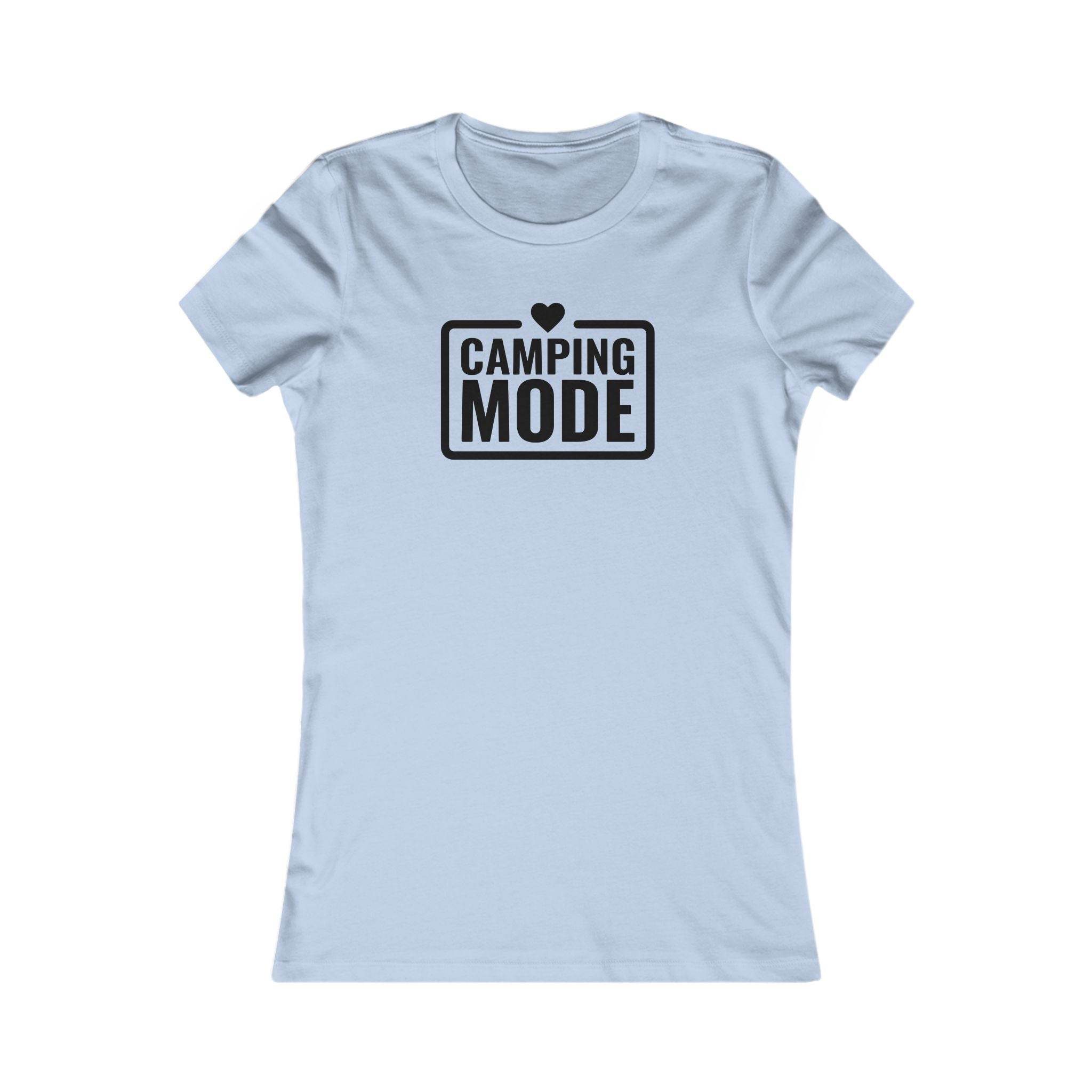 eco-friendly camping t-shirt for women light blue fitted tee with black CAMPING MODE print and heart