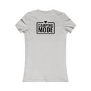 Printify white fitted t shirt with black Camping Mode logo and heart on back eco-friendly camping t-shirt for women