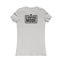 Printify white fitted t shirt with black Camping Mode logo and heart on back eco-friendly camping t-shirt for women