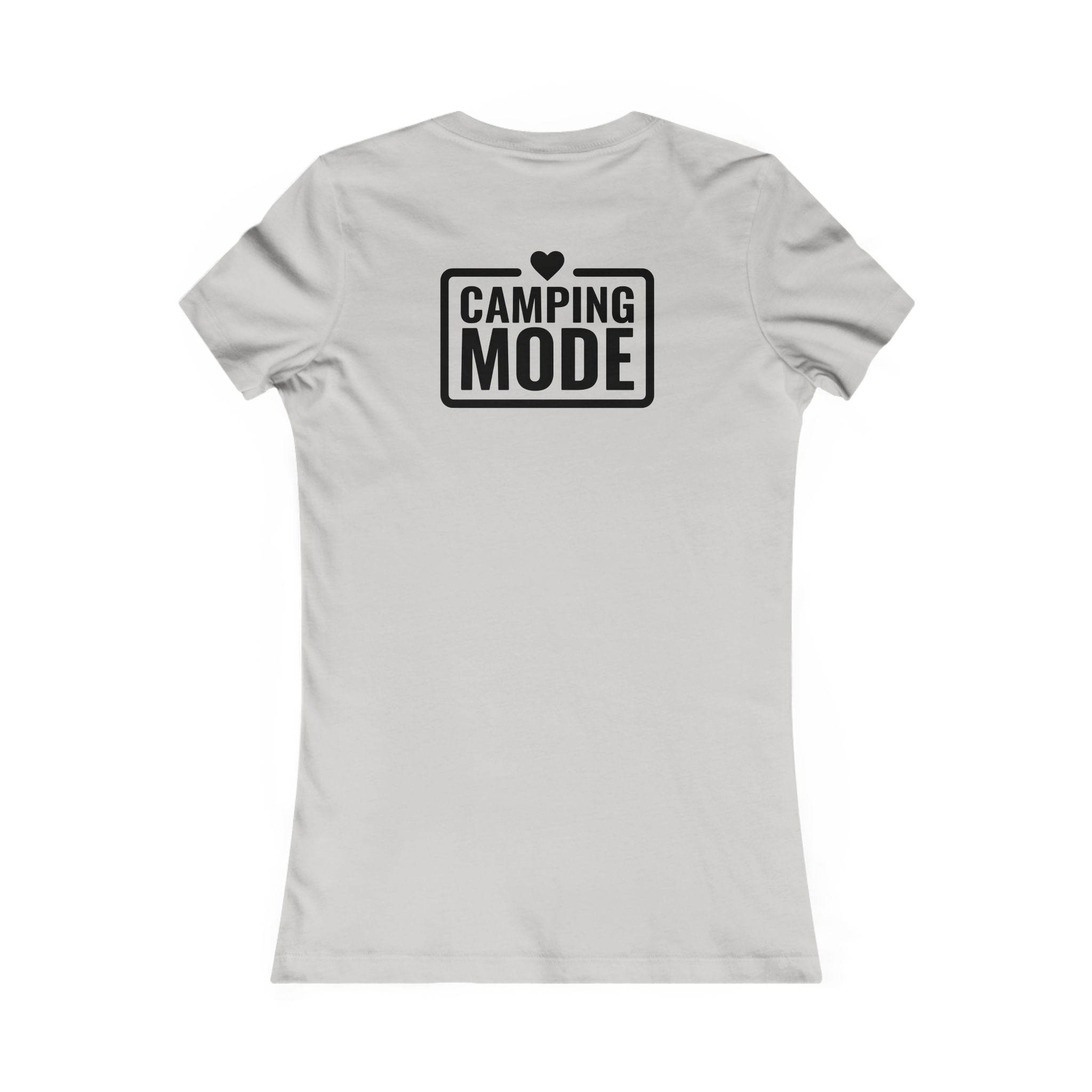 Printify white fitted t shirt with black Camping Mode logo and heart on back eco-friendly camping t-shirt for women