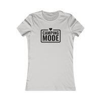 eco-friendly camping t-shirt for women white fitted tee with Camping Mode black print and heart icon