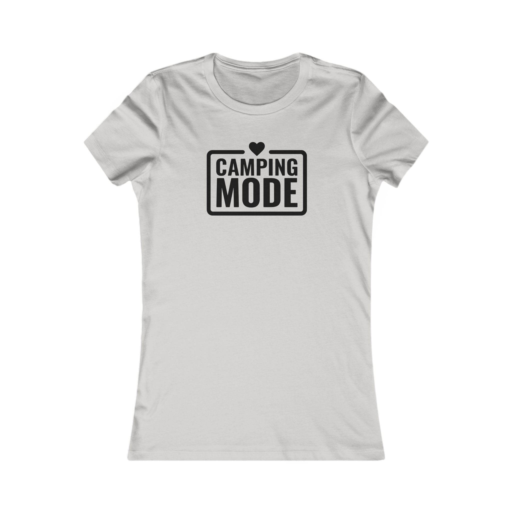 eco-friendly camping t-shirt for women white fitted tee with Camping Mode black print and heart icon