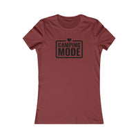 Printify maroon fitted tee with black Camping Mode heart print eco-friendly camping t-shirt for women