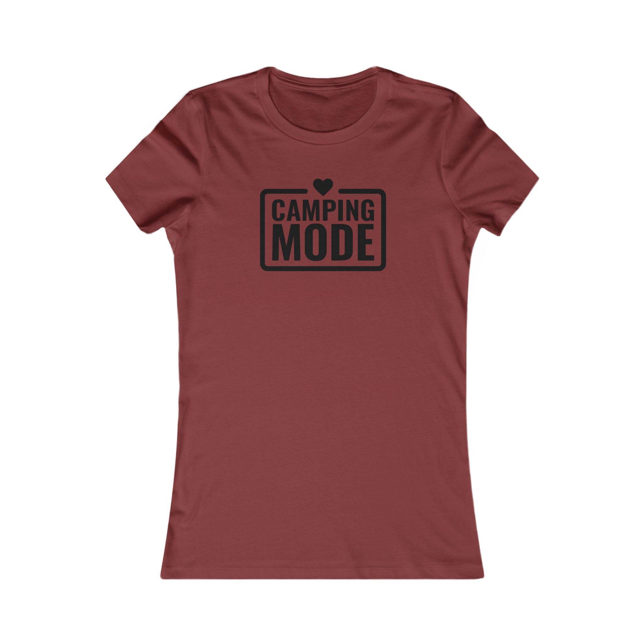 Printify maroon fitted tee with black Camping Mode heart print eco-friendly camping t-shirt for women