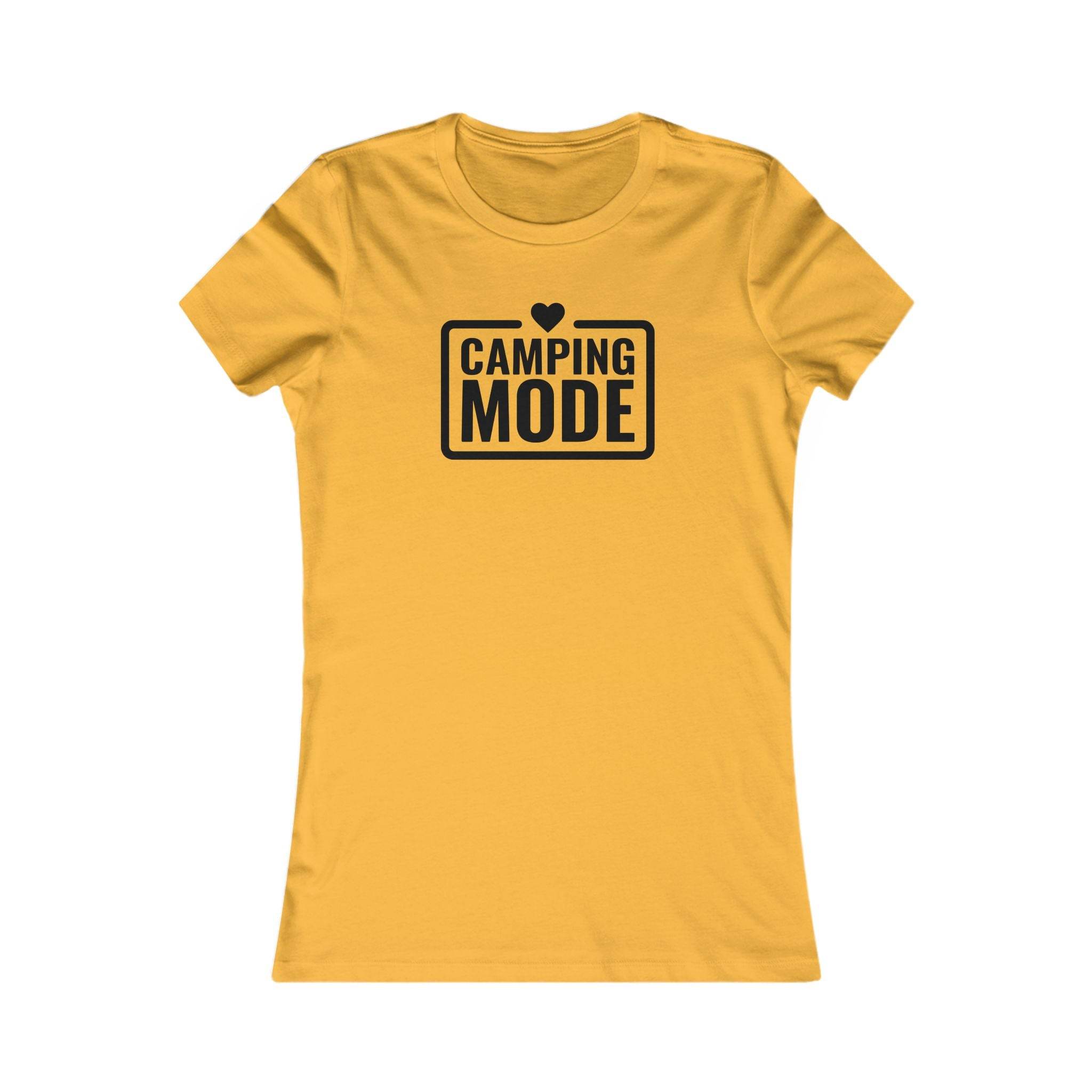 Printify yellow fitted t shirt with Camping Mode heart logo eco-friendly camping t-shirt for women soft breathable cotton blend
