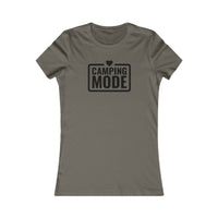 Printify eco-friendly camping t-shirt for women in olive green with Camping Mode graphic and heart emblem
