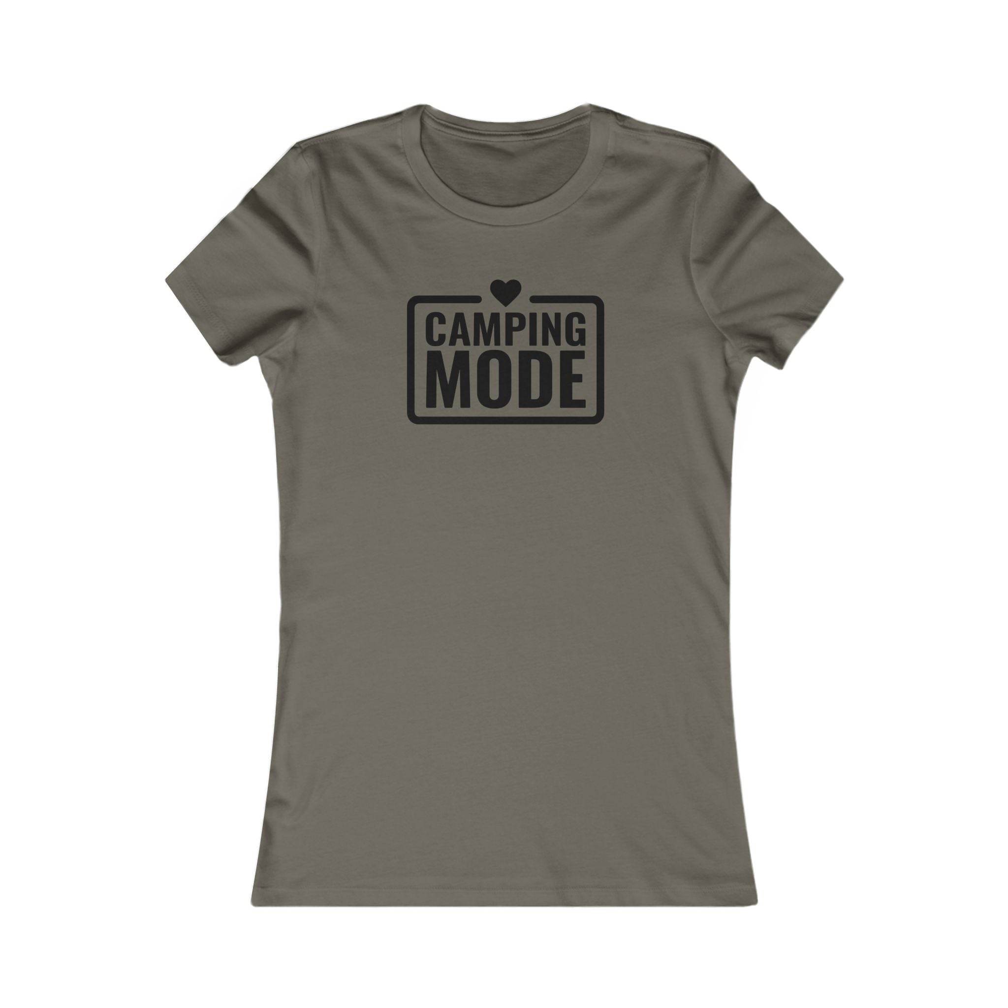 Printify eco-friendly camping t-shirt for women in olive green with Camping Mode graphic and heart emblem