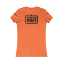 eco-friendly camping t-shirt for women in orange with black Camping Mode back print and heart logo, fitted short sleeve