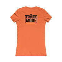 eco-friendly camping t-shirt for women in orange with black Camping Mode back print and heart logo, fitted short sleeve