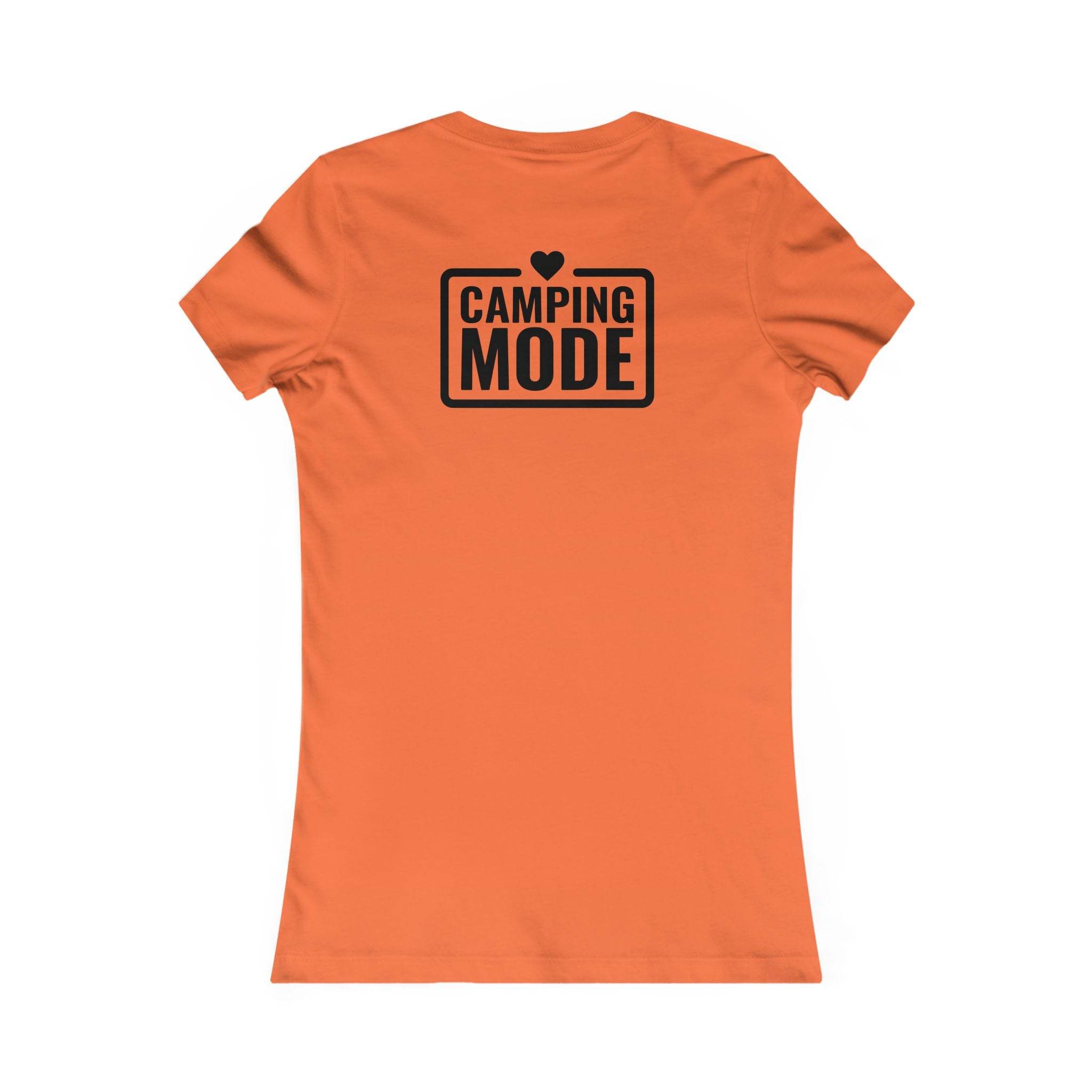eco-friendly camping t-shirt for women in orange with black Camping Mode back print and heart logo, fitted short sleeve