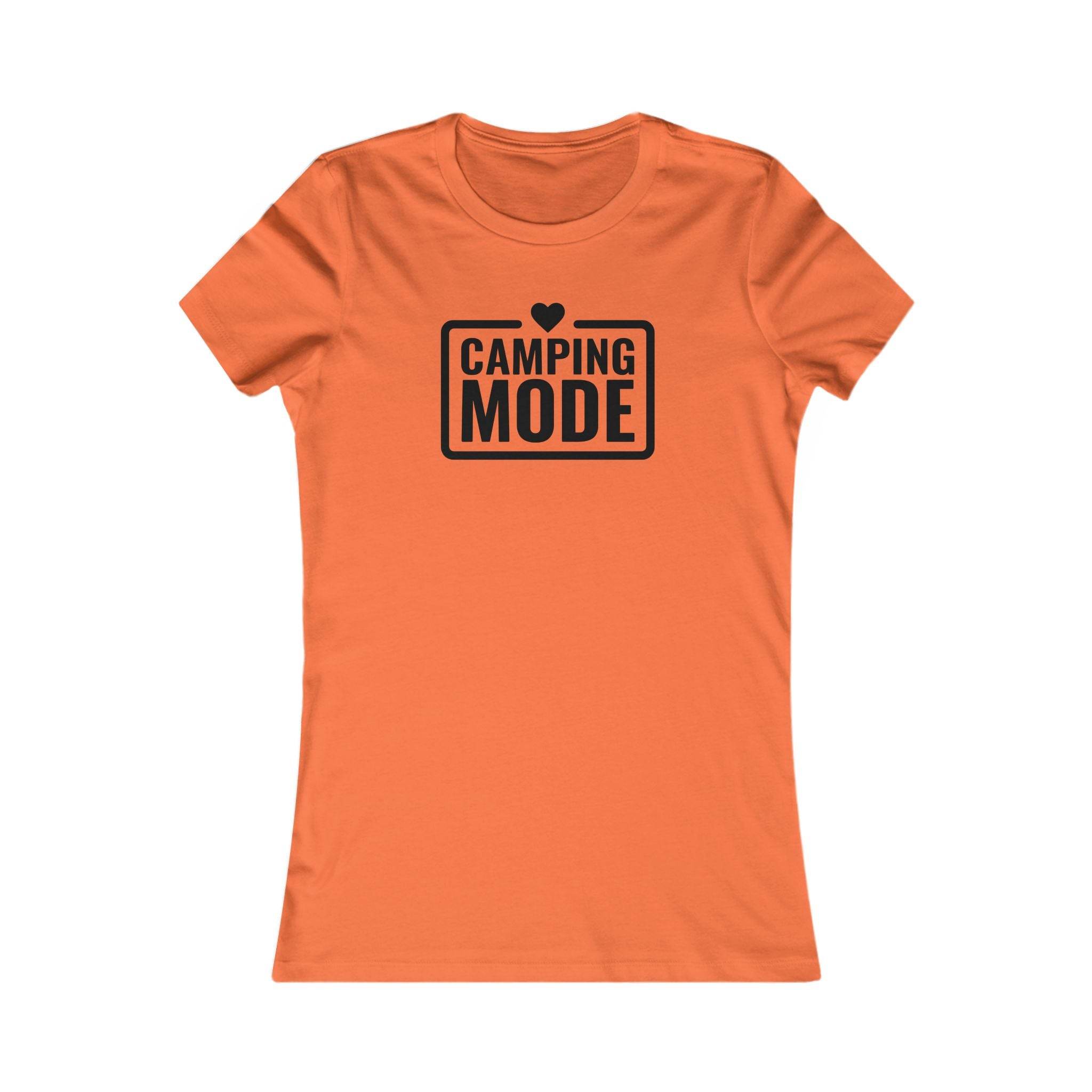 Printify orange fitted womens tee with Camping Mode heart print soft fabric eco-friendly camping t-shirt for women