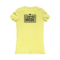 Printify yellow fitted tee with black CAMPING MODE back print and heart eco-friendly camping t-shirt for women