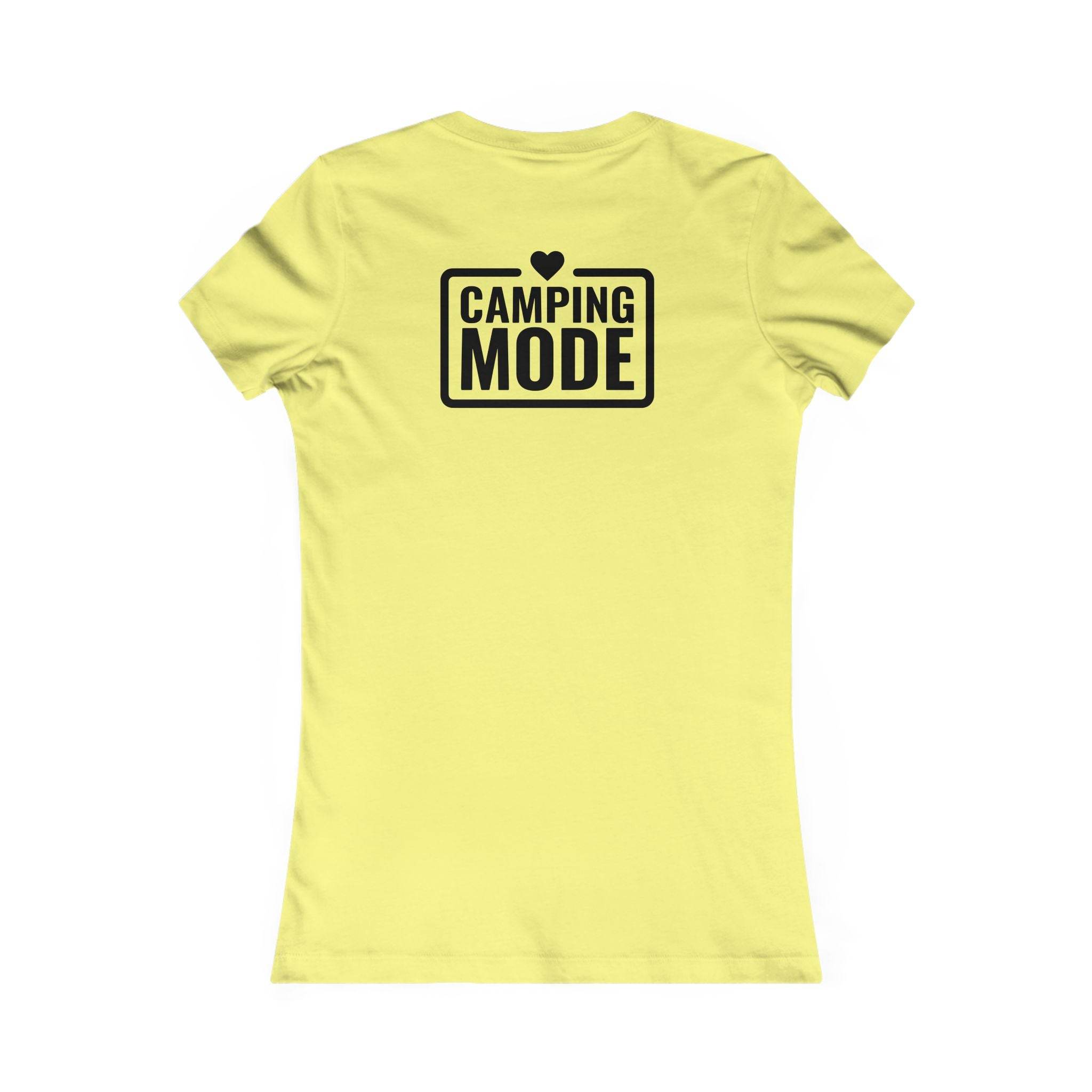 Printify yellow fitted tee with black CAMPING MODE back print and heart eco-friendly camping t-shirt for women
