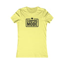 eco-friendly camping t-shirt for women yellow fitted Printify crewneck tee with black Camping Mode print and heart icon