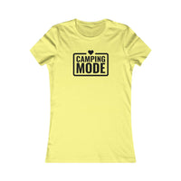 eco-friendly camping t-shirt for women yellow fitted Printify crewneck tee with black Camping Mode print and heart icon