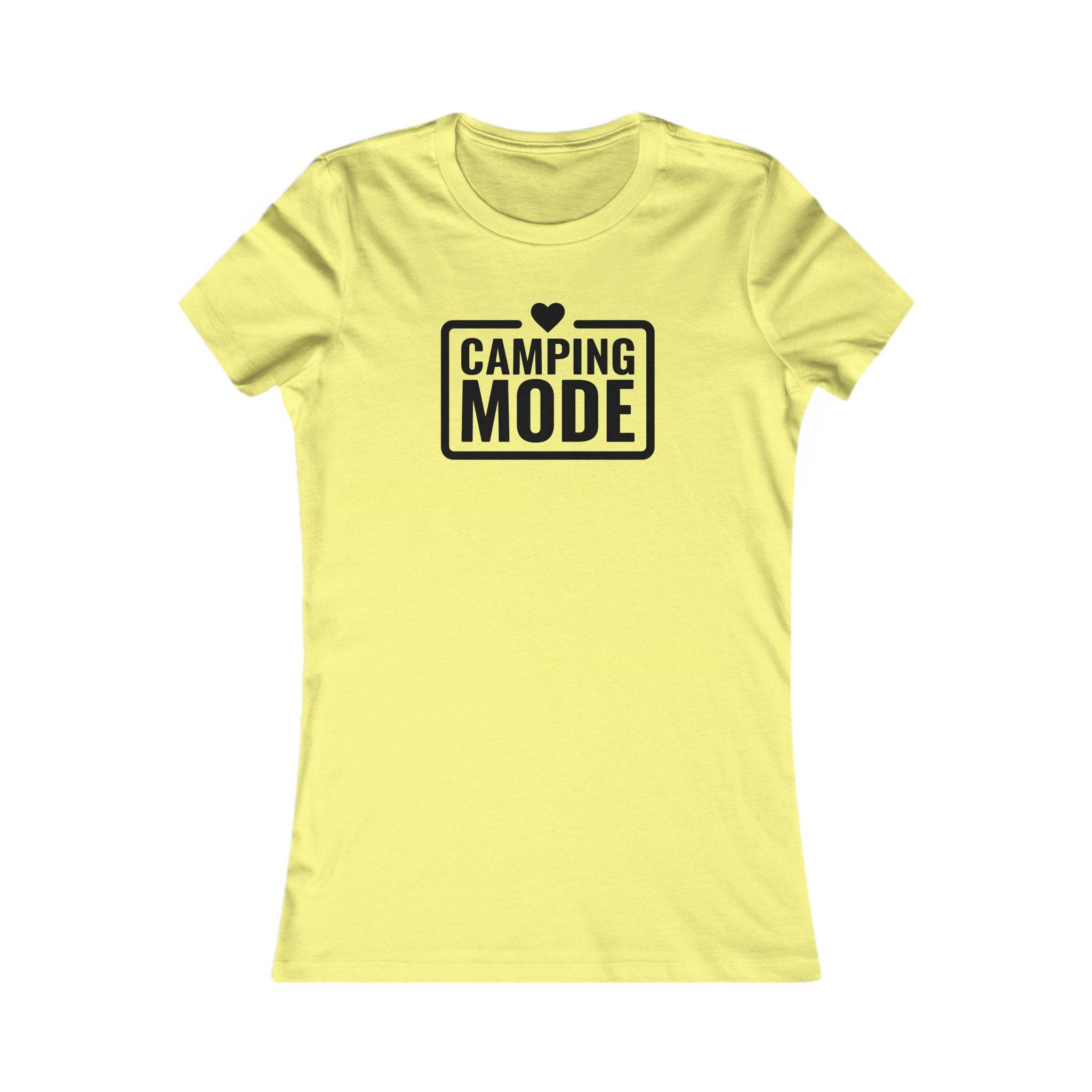 eco-friendly camping t-shirt for women yellow fitted Printify crewneck tee with black Camping Mode print and heart icon