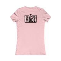 Printify pink women's tee back view with Camping Mode black logo heart graphic eco-friendly camping t-shirt for women