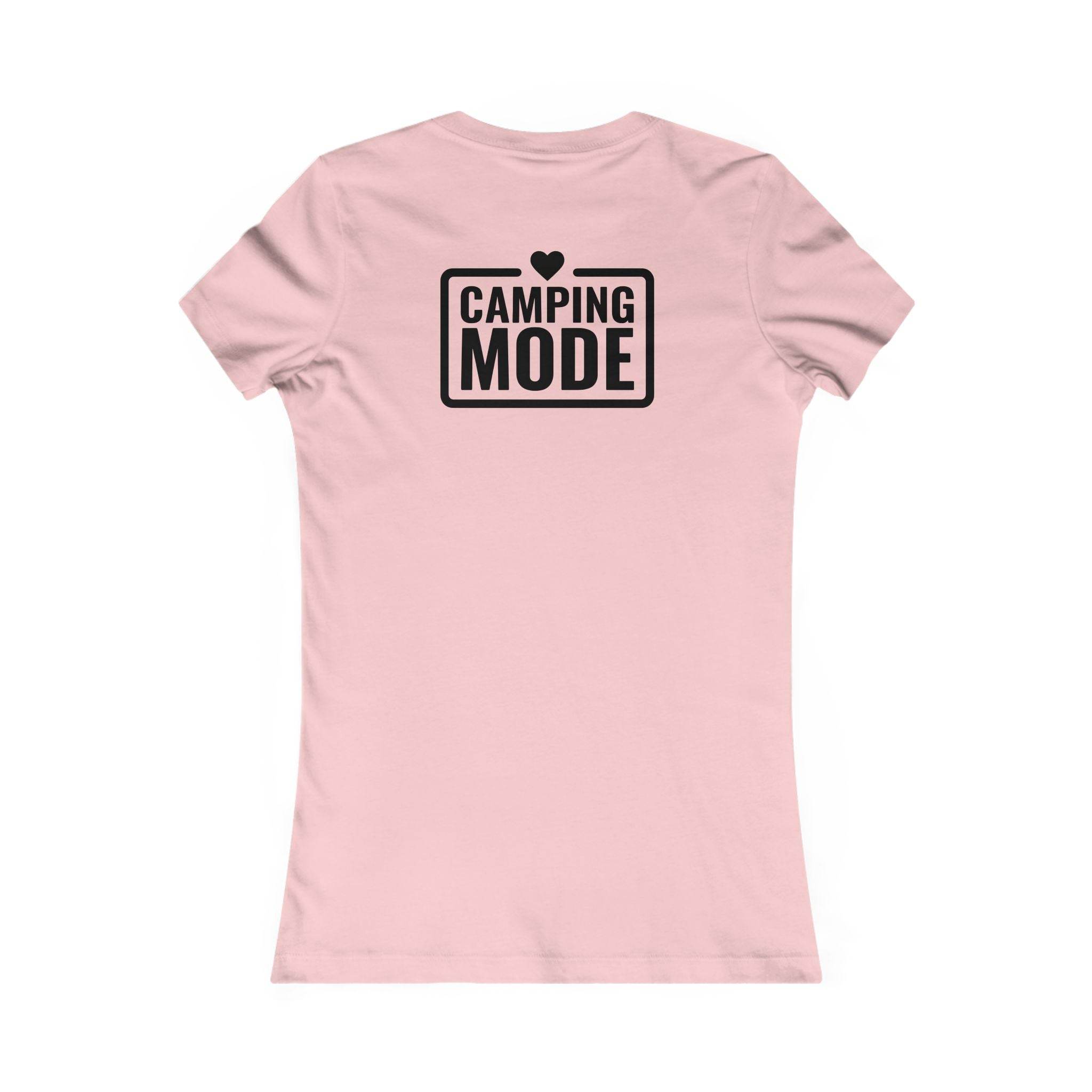 Printify pink women's tee back view with Camping Mode black logo heart graphic eco-friendly camping t-shirt for women