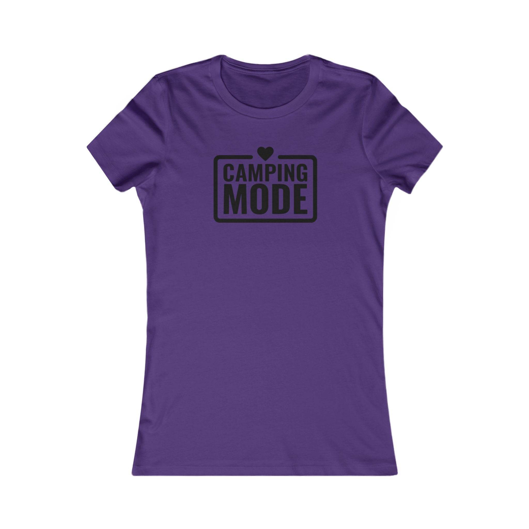 Printify purple fitted tee with Camping Mode graphic and heart crew neck eco-friendly camping t-shirt for women