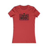 Printify fitted red tee with black Camping Mode print and heart eco-friendly camping t-shirt for women