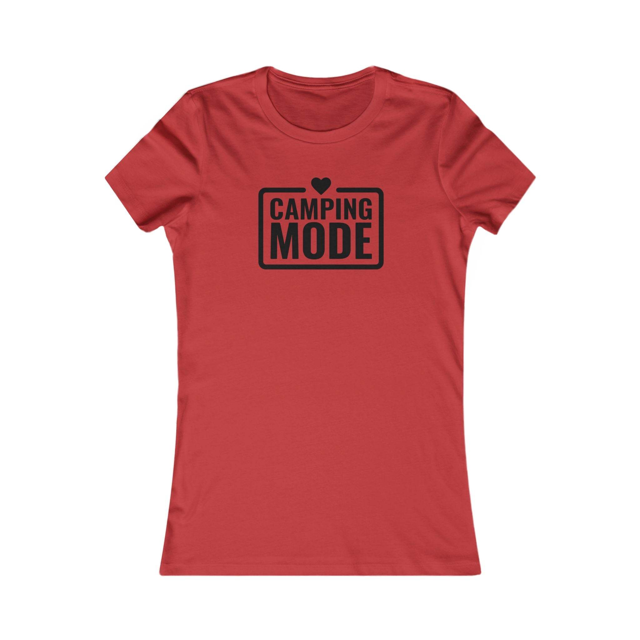 Printify fitted red tee with black Camping Mode print and heart eco-friendly camping t-shirt for women