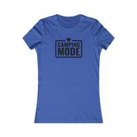 Printify blue fitted tee with Camping Mode text and heart print eco-friendly camping t-shirt for women casual outdoor wear