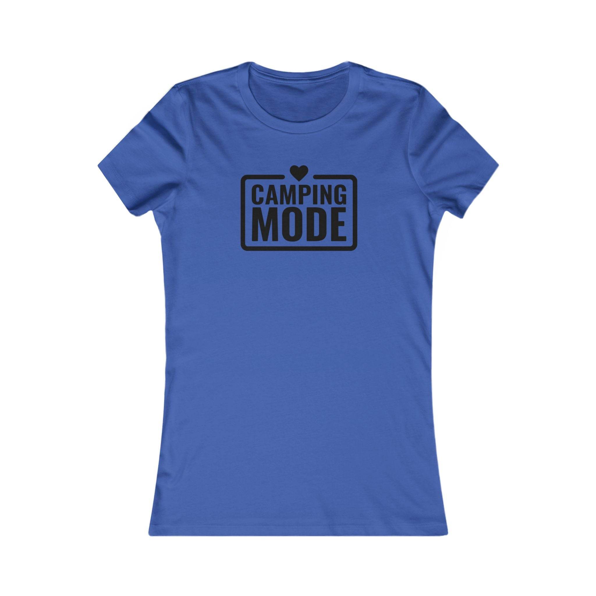 Printify blue fitted tee with Camping Mode text and heart print eco-friendly camping t-shirt for women casual outdoor wear