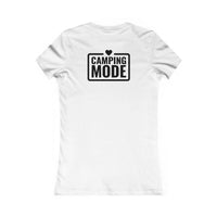 eco-friendly camping t-shirt for women white fitted back view showing black Camping Mode logo with heart