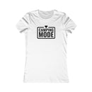 Printify white fitted tee with Camping Mode black logo and heart graphic eco-friendly camping t-shirt for women