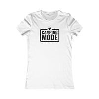 Printify white fitted tee with Camping Mode black logo and heart graphic eco-friendly camping t-shirt for women