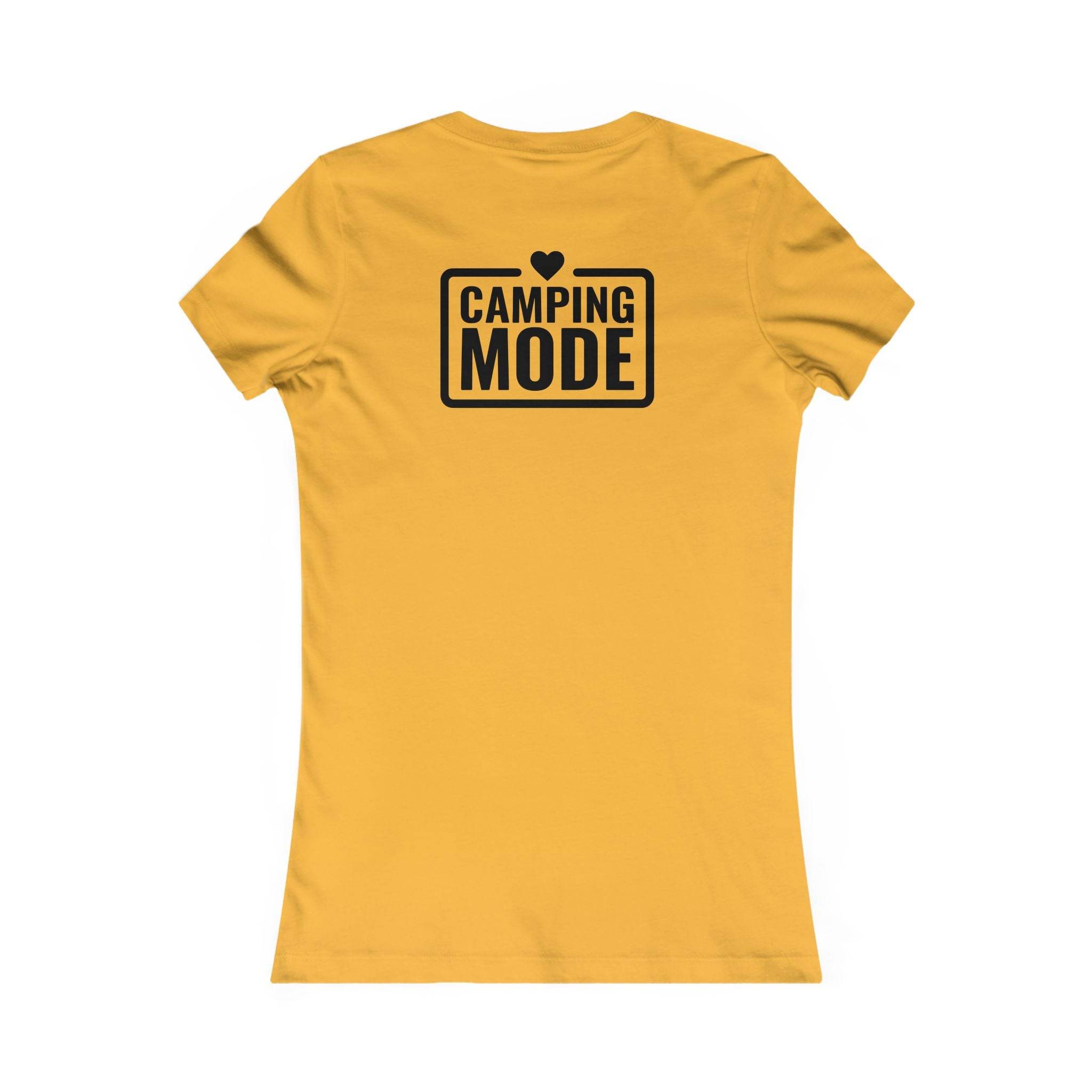 Printify yellow fitted womens t shirt back with black Camping Mode graphic and heart eco-friendly camping t-shirt for women
