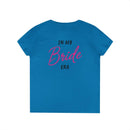 Blue women's short sleeve t-shirt back view with pink script reading In My Bride Era, eco-friendly bride t-shirt