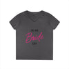 Printify dark gray V neck women's tee with pink Bride script reading In my Bride era eco-friendly bride t-shirt