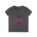Printify dark gray V neck women's tee with pink Bride script reading In my Bride era eco-friendly bride t-shirt