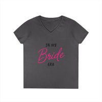 Printify dark gray V neck women's tee with pink Bride script reading In my Bride era eco-friendly bride t-shirt