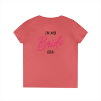 Printify coral pink back view eco-friendly bride t-shirt with In My Bride Era script design for bachelorette events