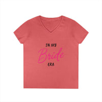 Printify coral v neck womens tee with In my Bride Era print ideal eco-friendly bride t-shirt for bachelorette parties