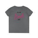 Printify gray women tee back view with pink Bride script and IN MY ERA text eco-friendly bride t-shirt