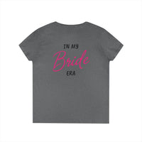 Printify gray women tee back view with pink Bride script and IN MY ERA text eco-friendly bride t-shirt