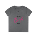 Printify gray v neck women tee with pink Bride script reading In my Bride era eco-friendly bride t-shirt for bachelorette
